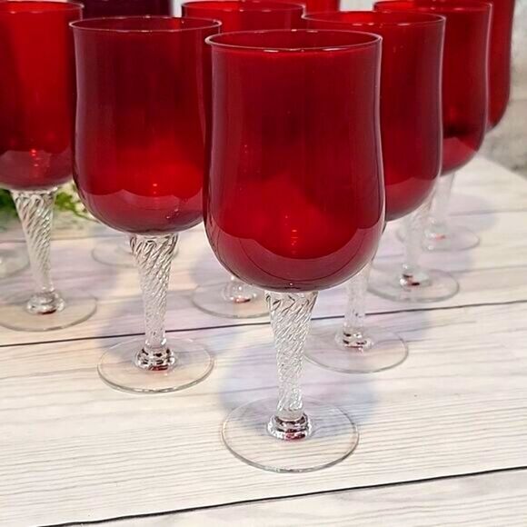 Colony Saturn Red water goblet 7 1/4" clear twisted stems 10 pieces - Picture 2 of 9